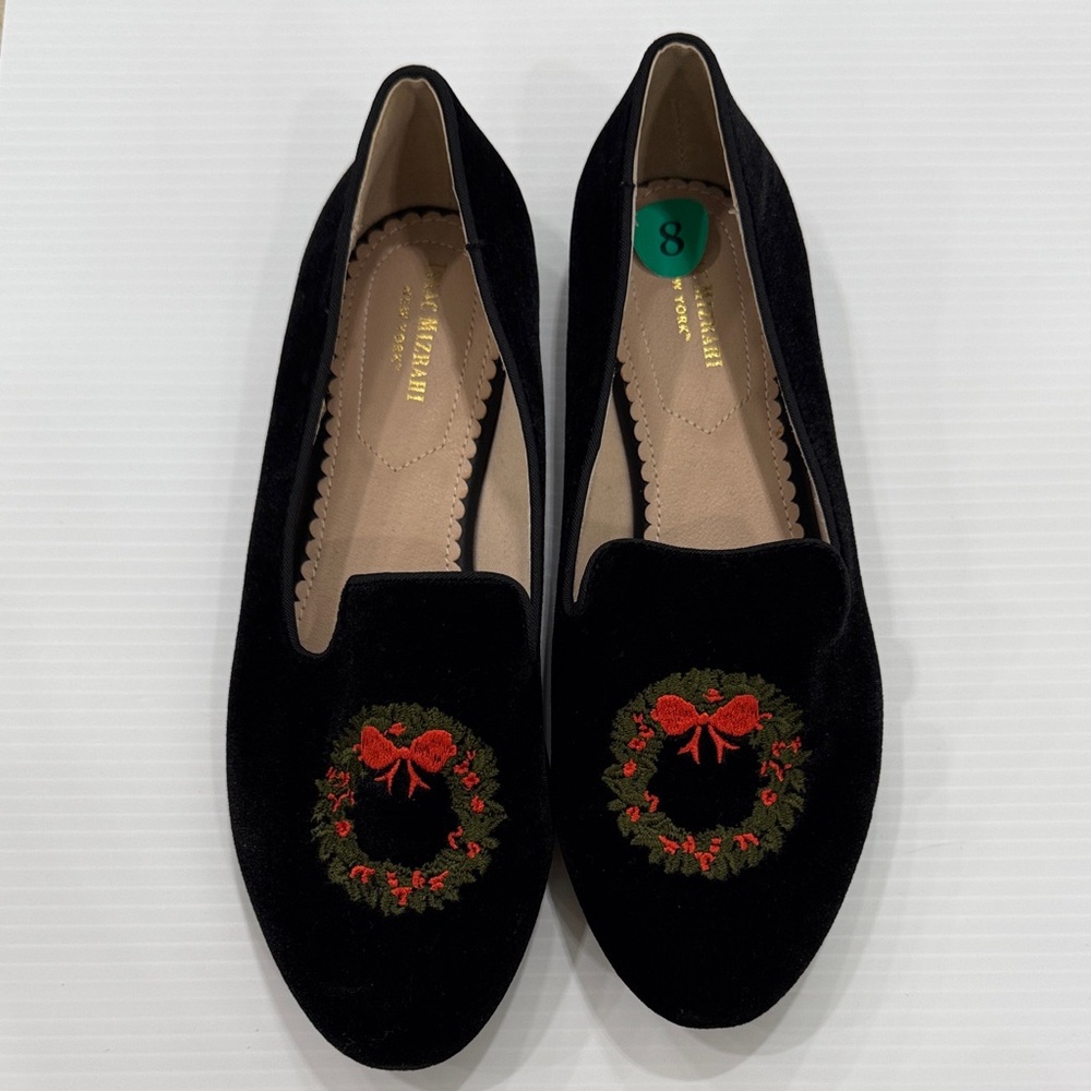 Isaac Mizrahi Black Velvet Loafers with Red & Green Wreath Embroidery